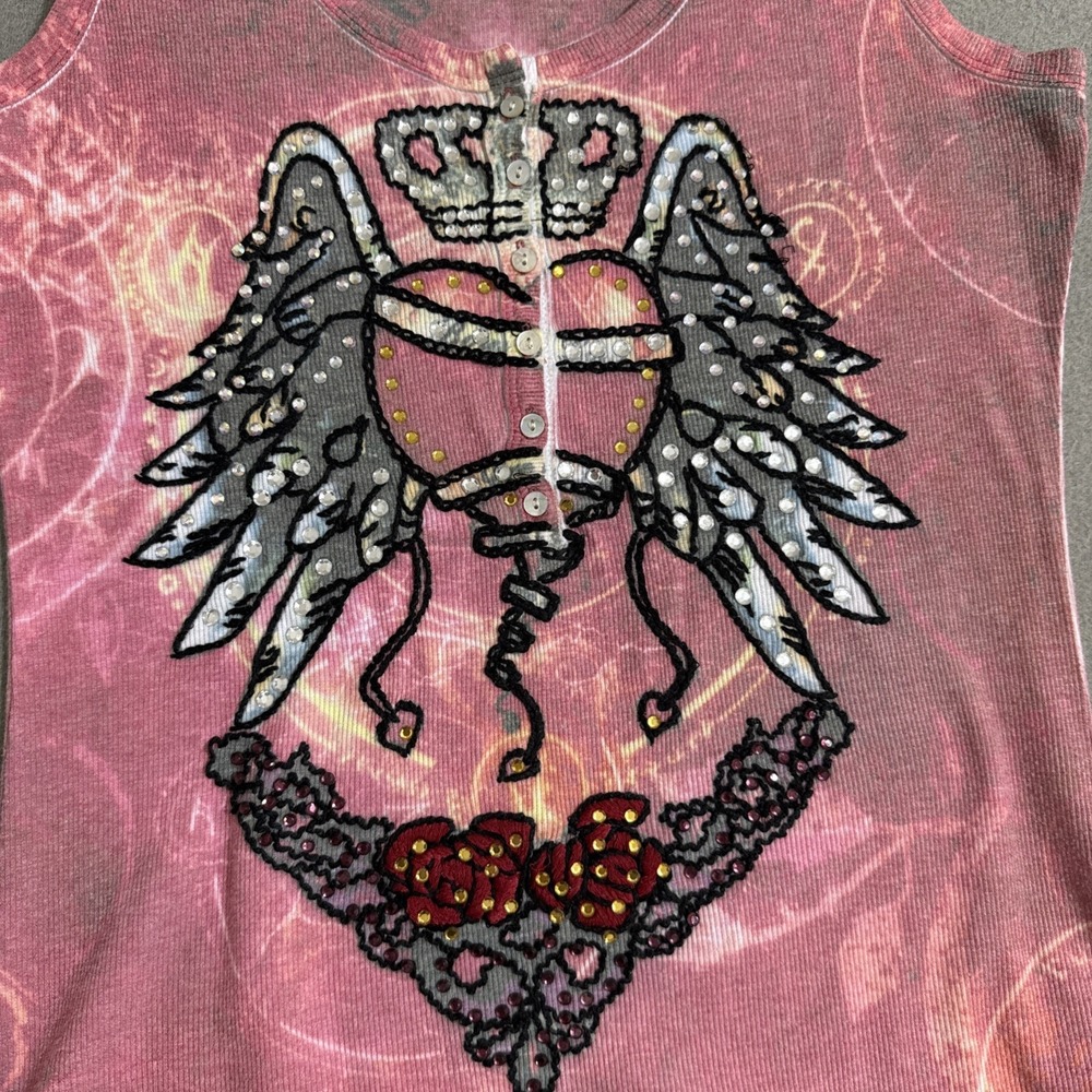 Vtg Y2K Embellished Tank Top‎ Cyber Grunge Bling Celestial Biker Embroidered L